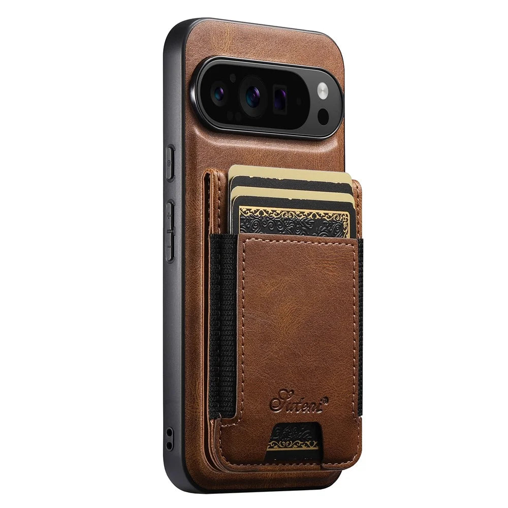 SUTENI For Google Pixel 10 Pro XL Magnetic Case Card Holder Kickstand Phone Cover - Brown - 2