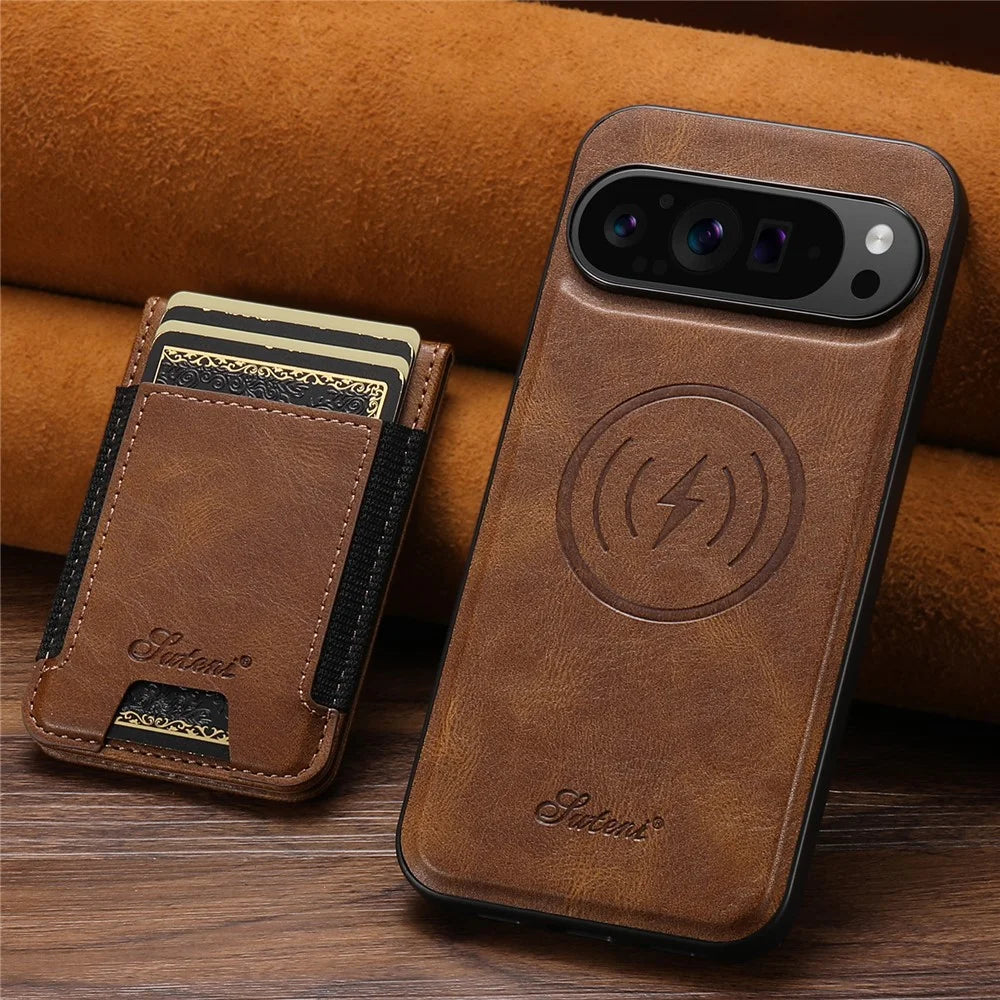 SUTENI For Google Pixel 10 Pro XL Magnetic Case Card Holder Kickstand Phone Cover - Brown - 6