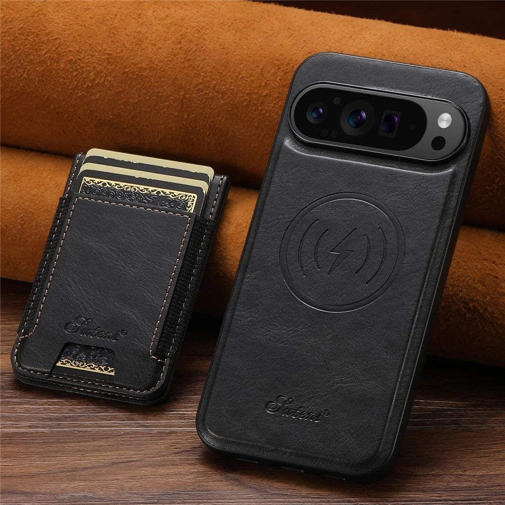 SUTENI For Google Pixel 9 / 9 Pro Magnetic Case Card Holder Kickstand Phone Cover - Black - 6