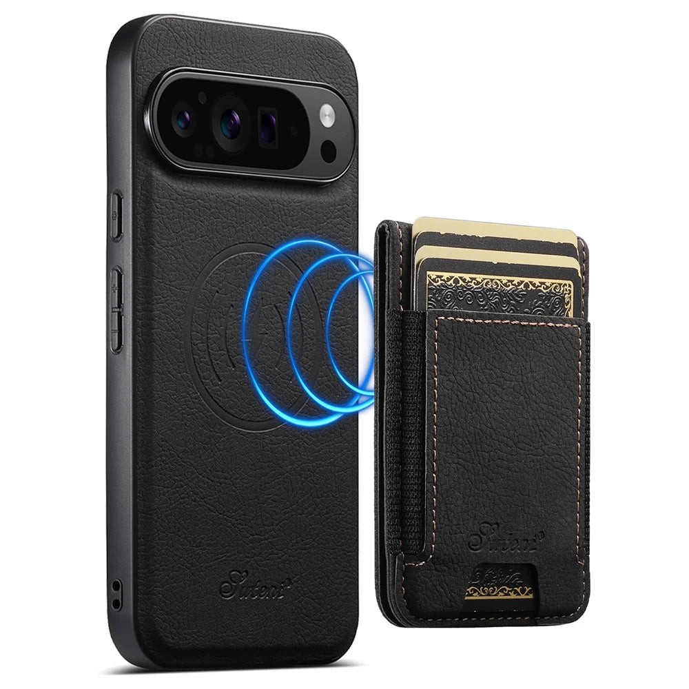 SUTENI H17 For Google Pixel 10 Pro XL Magnetic Case Card Slots Leather + TPU Kickstand Phone Cover - Black - 1