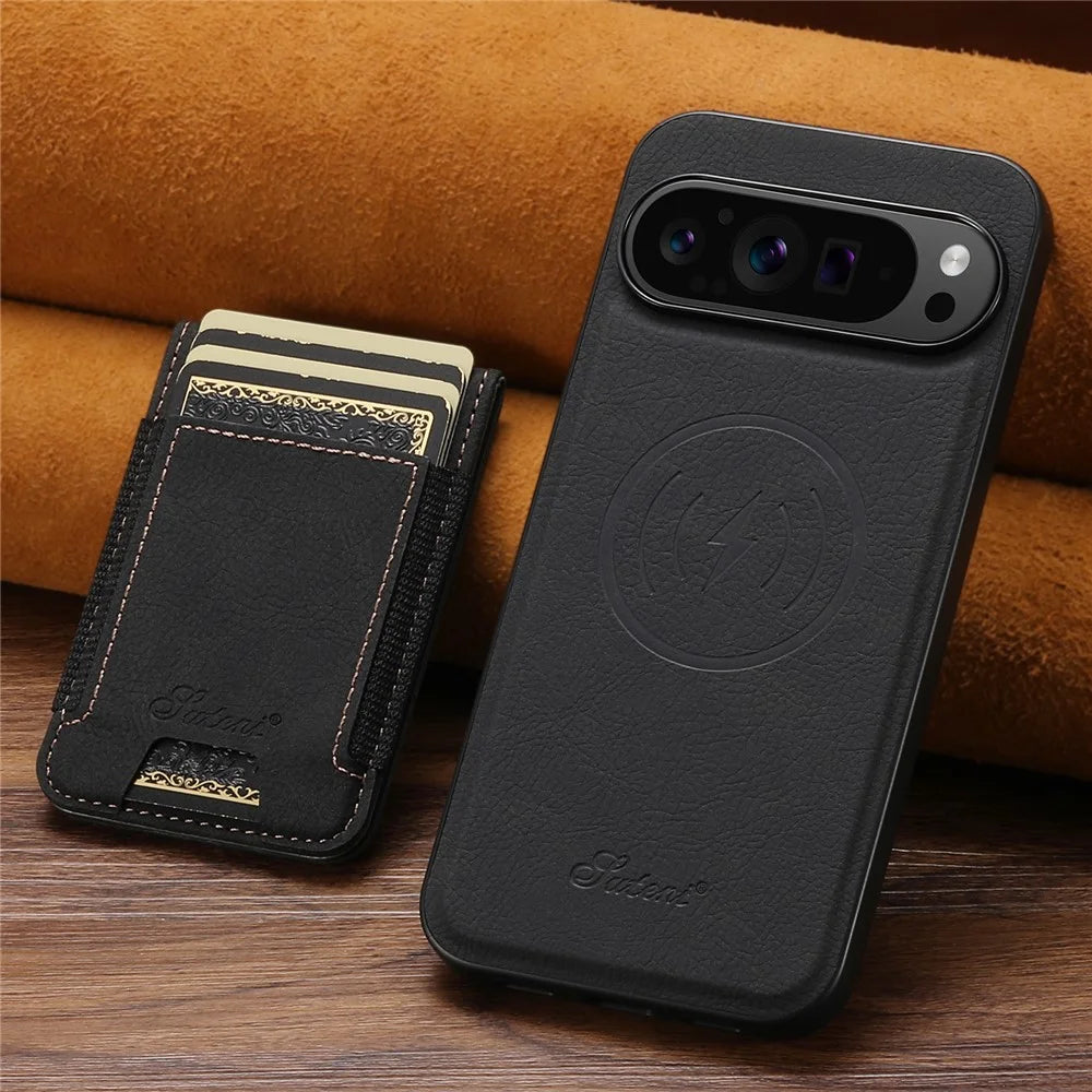 SUTENI H17 For Google Pixel 10 Pro XL Magnetic Case Card Slots Leather + TPU Kickstand Phone Cover - Black - 6