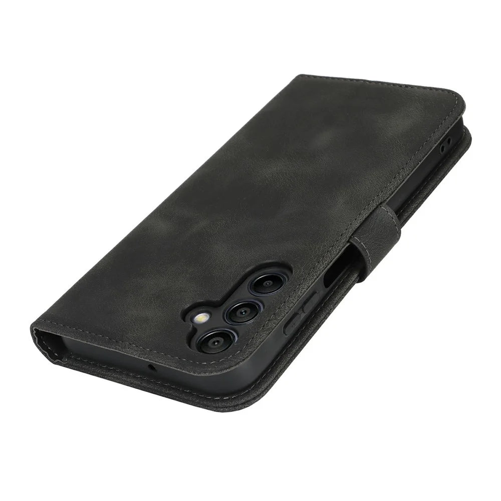 For Samsung Galaxy A15 5G Wallet Case Double Folded Edge Skin Touch PU Leather Flip Phone Cover - Black - 5