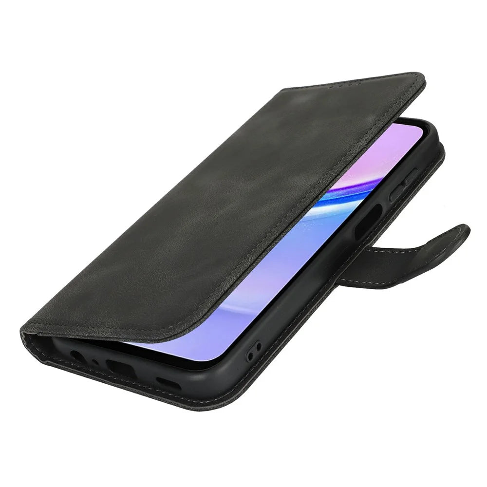For Samsung Galaxy A15 5G Wallet Case Double Folded Edge Skin Touch PU Leather Flip Phone Cover - Black - 6