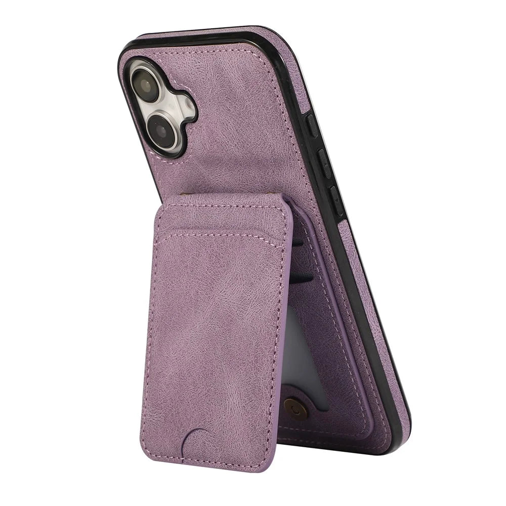 For iPhone 16 Case Card Holder Kickstand Leather + TPU Phone Cover with Shoulder Strap - Purple - 2