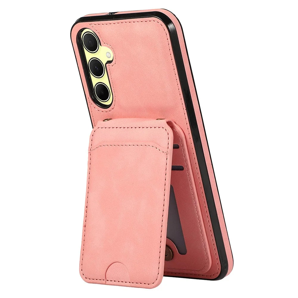 For Samsung Galaxy A56 5G Case Card Holder Kickstand Leather + TPU Phone Cover with Shoulder Strap - Pink - 2