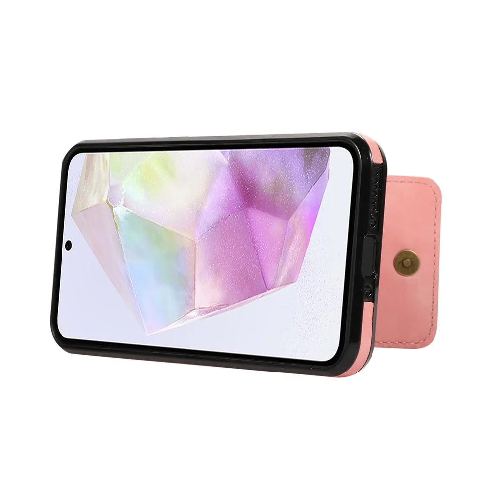 For Samsung Galaxy A56 5G Case Card Holder Kickstand Leather + TPU Phone Cover with Shoulder Strap - Pink - 4
