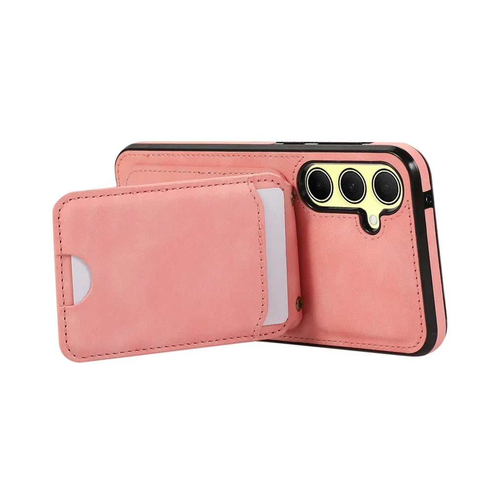 For Samsung Galaxy A56 5G Case Card Holder Kickstand Leather + TPU Phone Cover with Shoulder Strap - Pink - 5