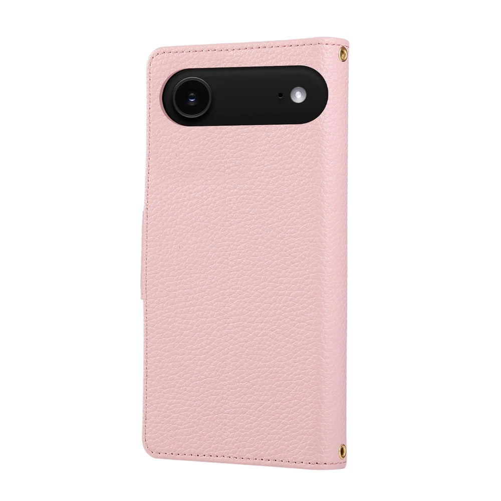 For iPhone Air Case Zipper Wallet Leather Phone Cover with Wrist Strap - Pink - 6