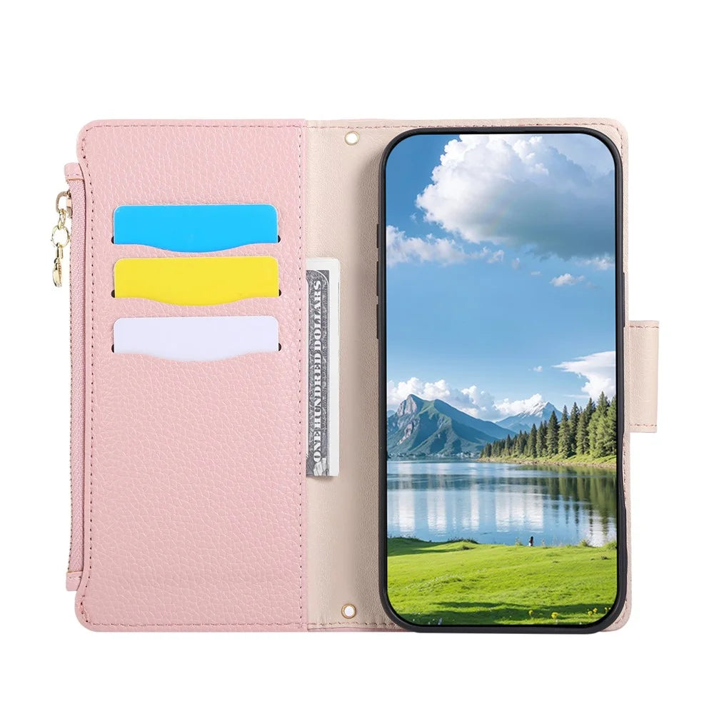 For iPhone 18 Pro Max / 17 Pro Max Case Zipper Wallet Leather Phone Cover with Wrist Strap - Pink - 2