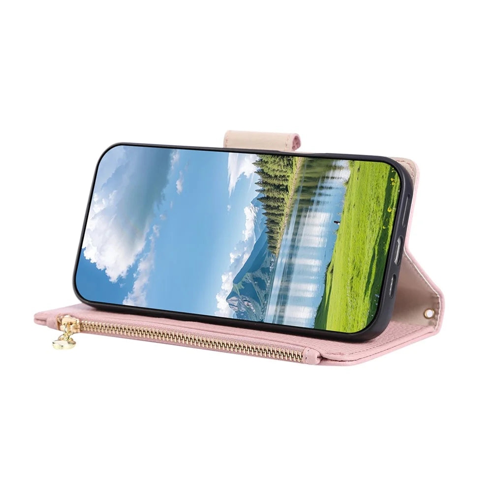 For iPhone 18 Pro Max / 17 Pro Max Case Zipper Wallet Leather Phone Cover with Wrist Strap - Pink - 4