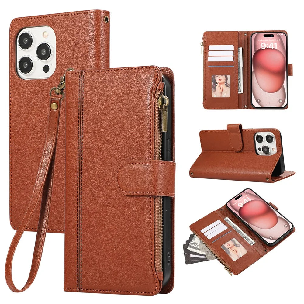 For iPhone 15 Pro Case Multi Card Slots Zipper Leather Phone Cover with Wrist Strap - Brown - 1