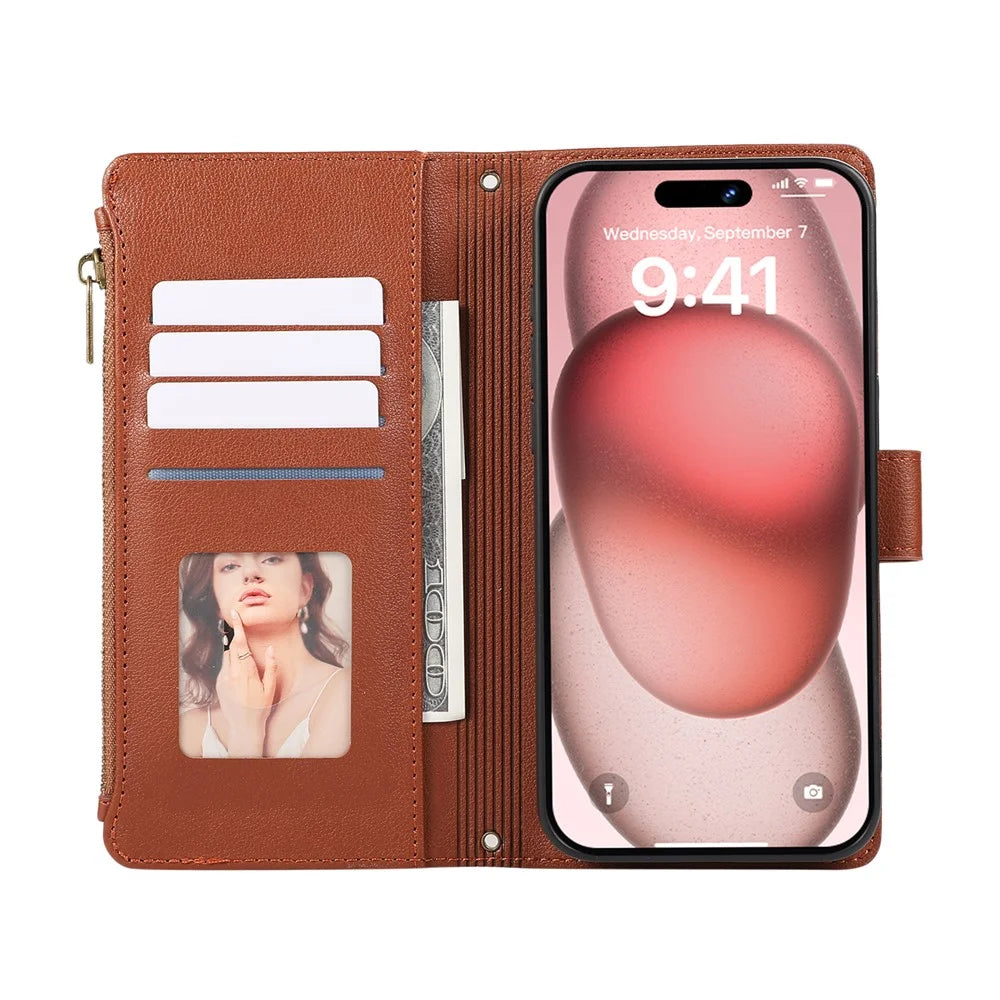 For iPhone 15 Pro Case Multi Card Slots Zipper Leather Phone Cover with Wrist Strap - Brown - 2