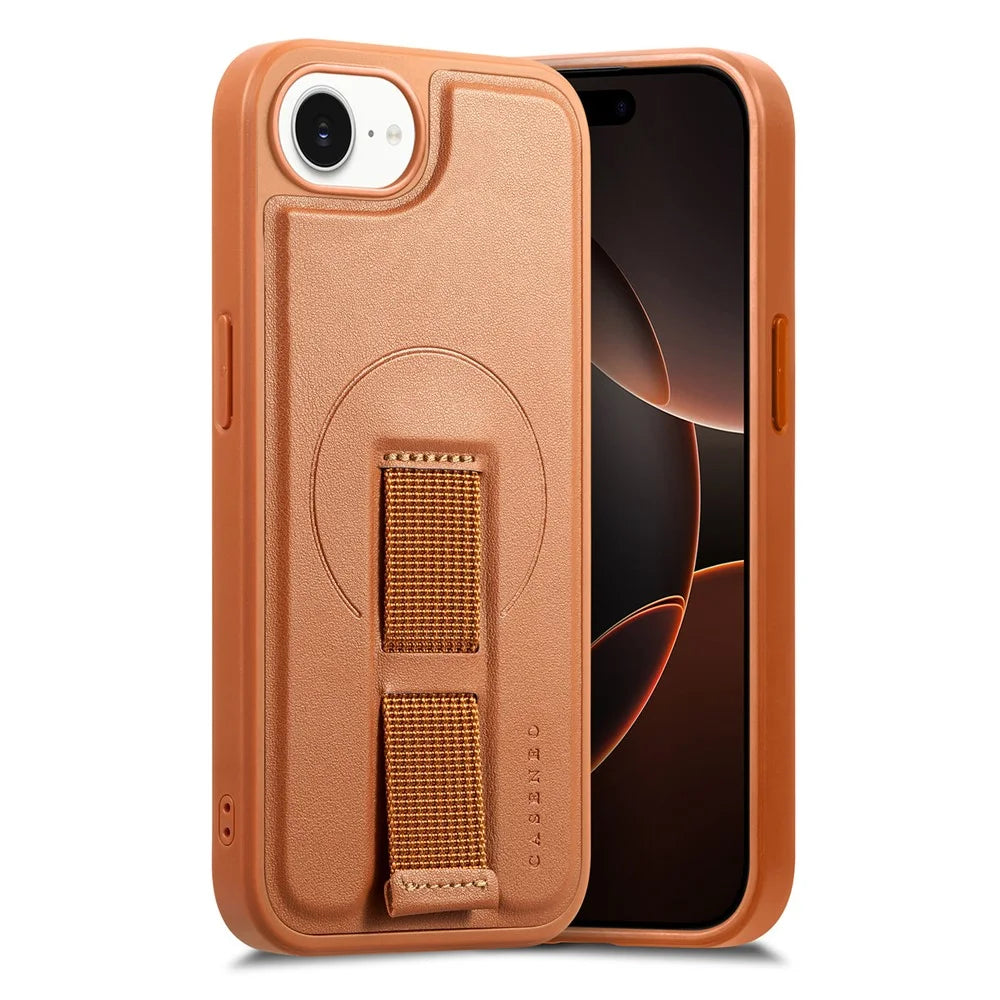 CASENEO For iPhone 17e / 16e Magnetic Case  Wristband PU Leather + PC Shockproof Phone Cover - Brown - 5