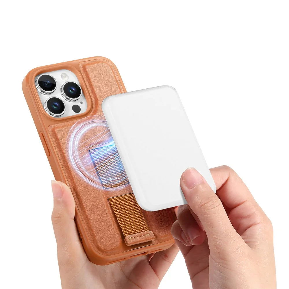 CASENEO For iPhone 13 Pro 6.1 inch Magnetic Case  Wristband PU Leather + PC Shockproof Phone Cover - Brown - 5
