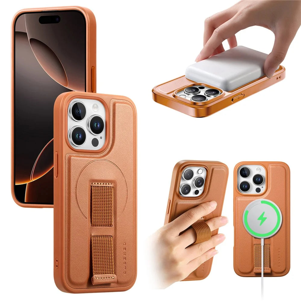 CASENEO For iPhone 15 Pro Max Magnetic Case  Wristband PU Leather + PC Shockproof Phone Cover - Brown - 1