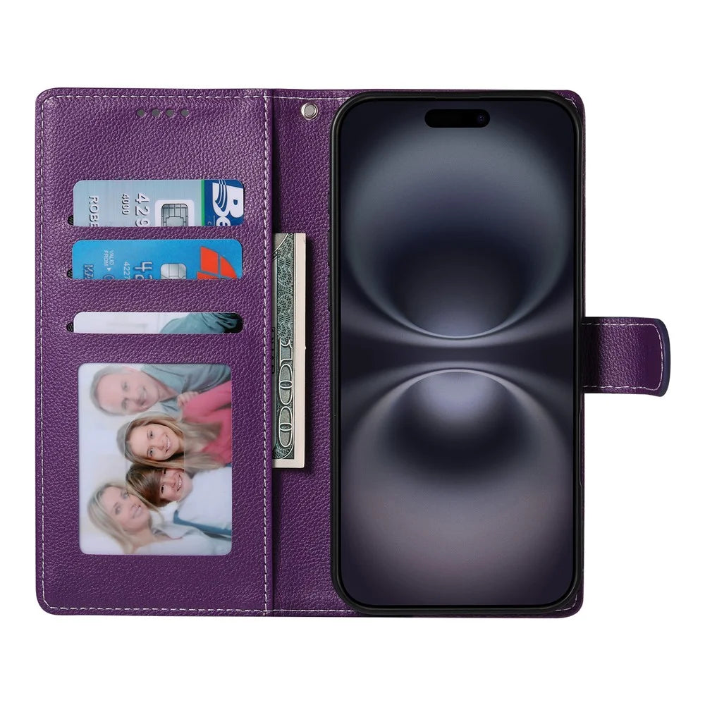 For iPhone 18 Pro Max / 17 Pro Max Case Magnetic Snap Litchi Texture Leather Wallet Phone Cover with Wrist Strap - Purple - 2