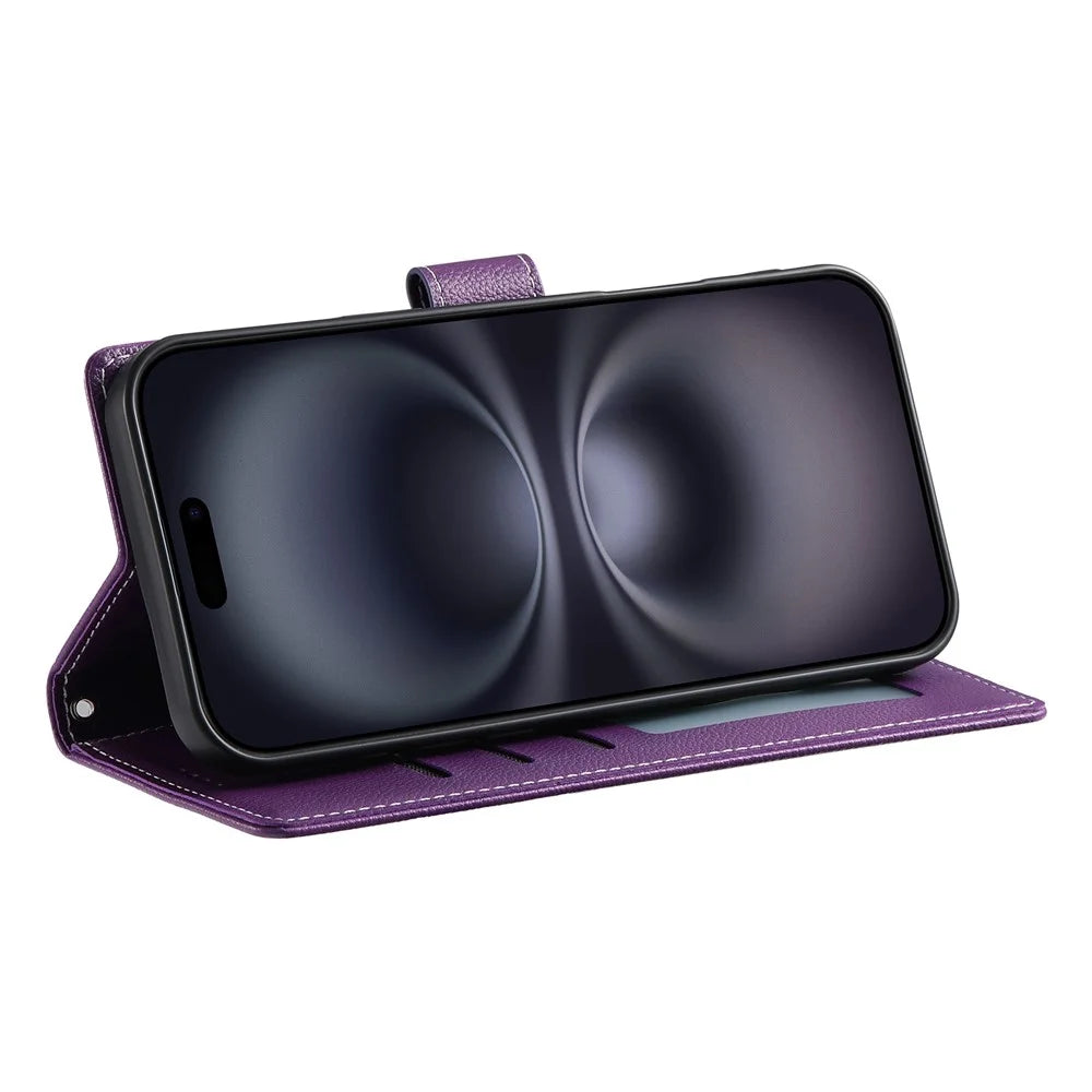 For iPhone 18 Pro Max / 17 Pro Max Case Magnetic Snap Litchi Texture Leather Wallet Phone Cover with Wrist Strap - Purple - 4