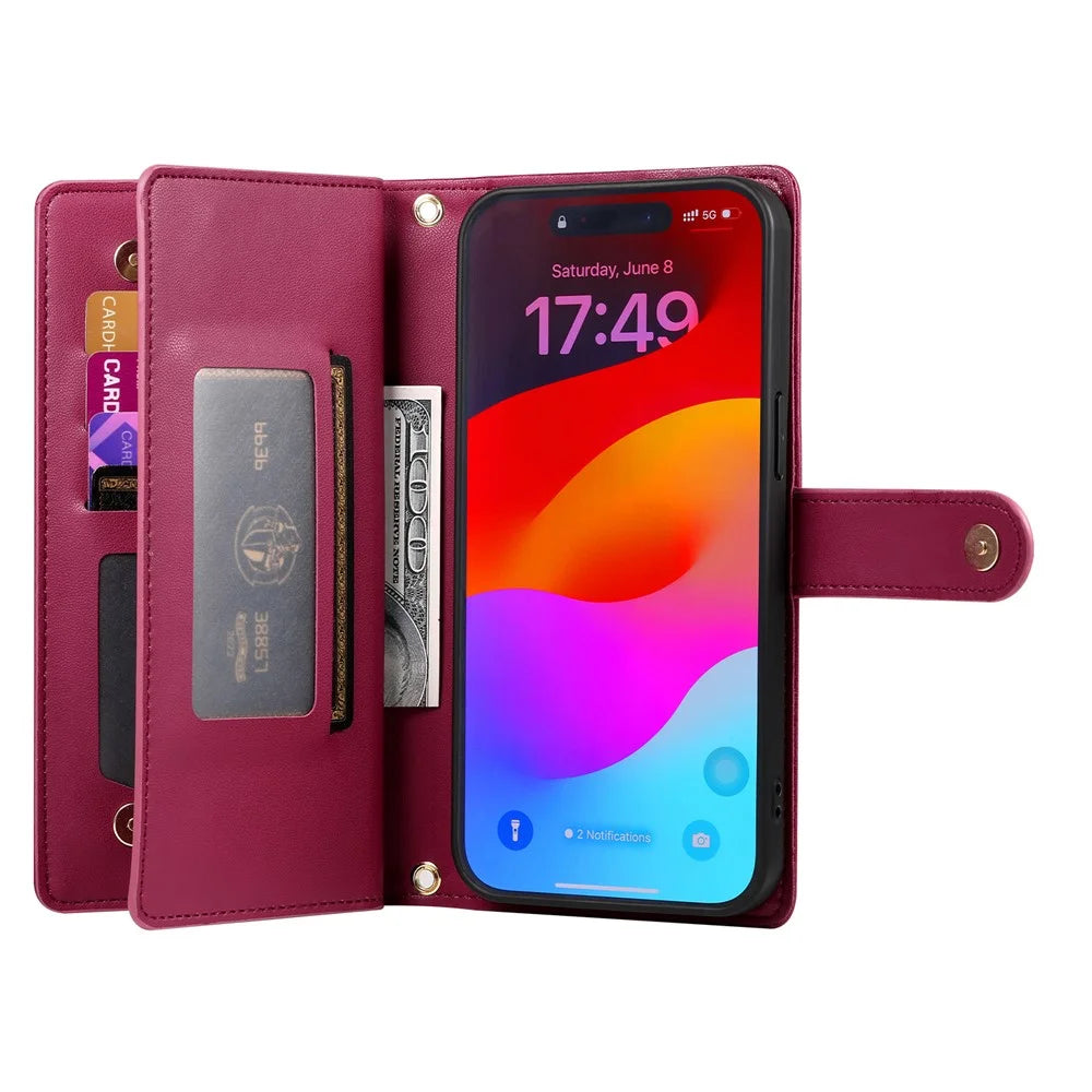 For iPhone 18 Pro / 17 Pro Case Zipper Pocket Wallet Leather Phone Cover with Straps - Red - 2