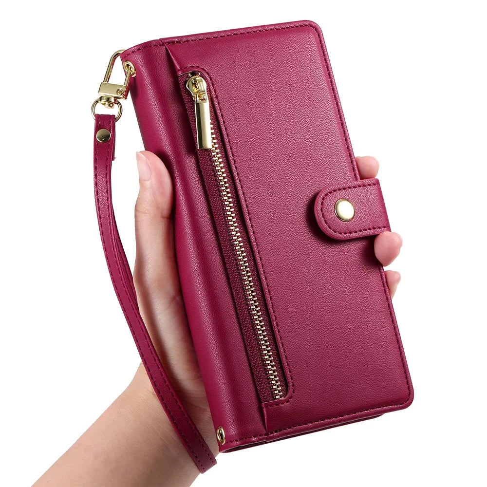 For iPhone 18 Pro Max / 17 Pro Max Case Zipper Pocket Wallet Leather Phone Cover with Straps - Red - 7