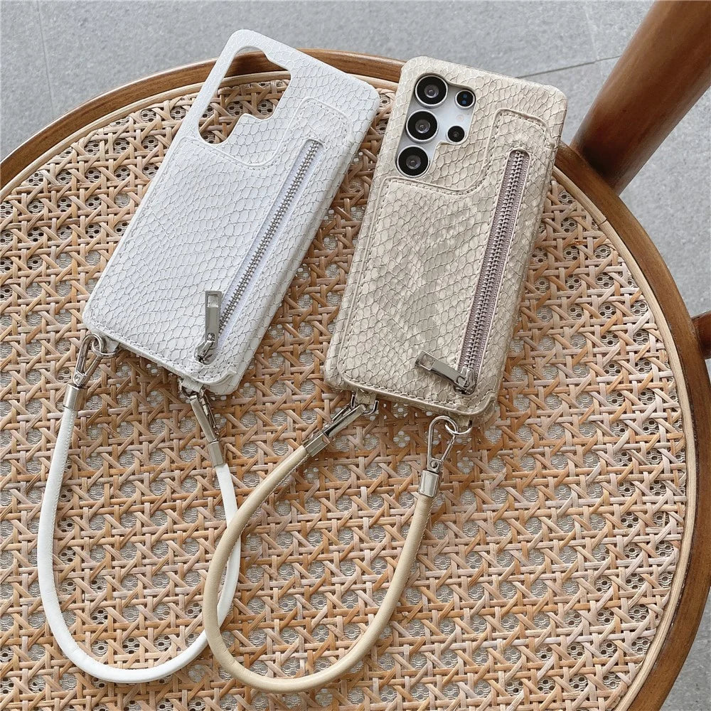 For Samsung Galaxy S25 Ultra Case Zipper Card Holder Mirror Snake Texture PU + PC Back Cover with Lanyard - White - 5