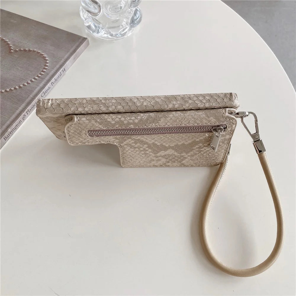 For Samsung Galaxy S25 Ultra Case Zipper Card Holder Mirror Snake Texture PU + PC Back Cover with Lanyard - White - 7