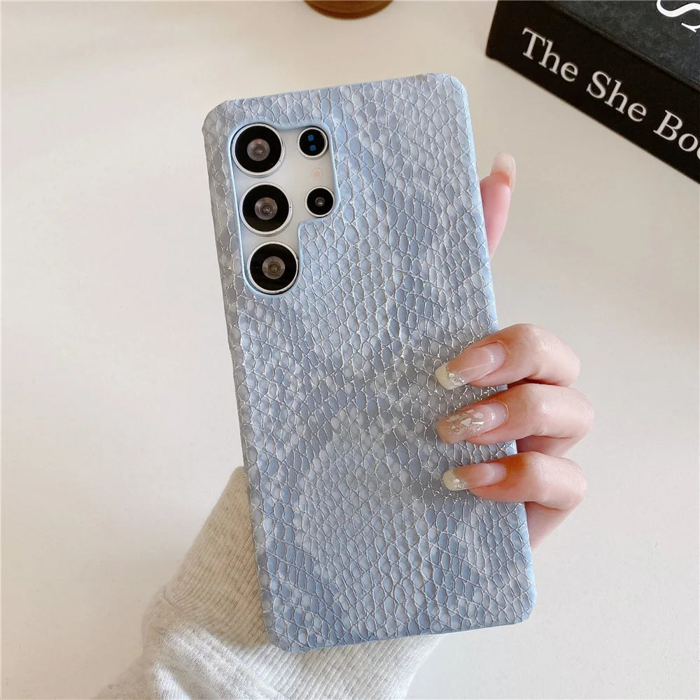 For Samsung Galaxy S24 Ultra Case Gold Thread Lacquered Snake Texture PU + PC Phone Back Cover - Blue - 2