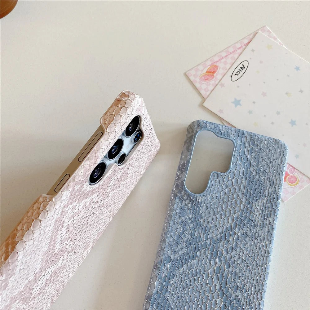 For Samsung Galaxy S24 Ultra Case Gold Thread Lacquered Snake Texture PU + PC Phone Back Cover - Blue - 4