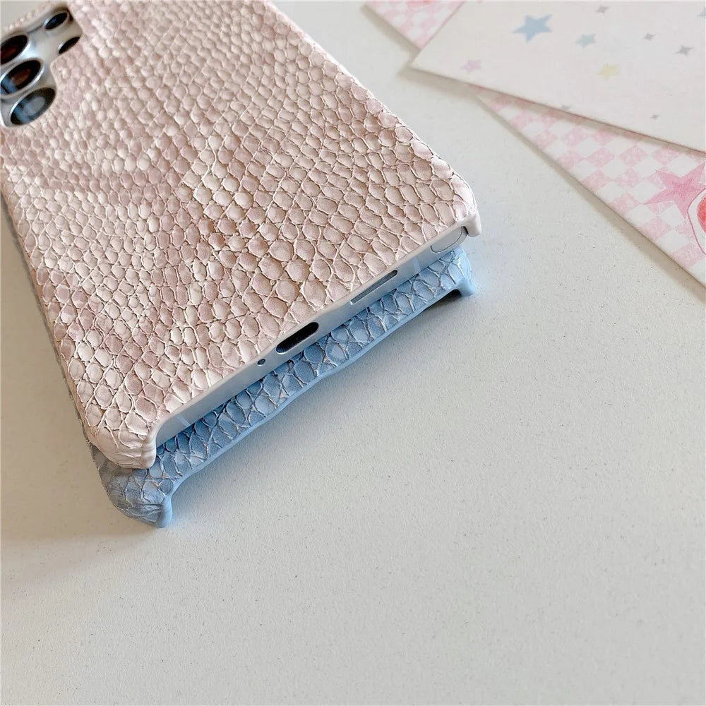 For Samsung Galaxy S24 Ultra Case Gold Thread Lacquered Snake Texture PU + PC Phone Back Cover - Blue - 5