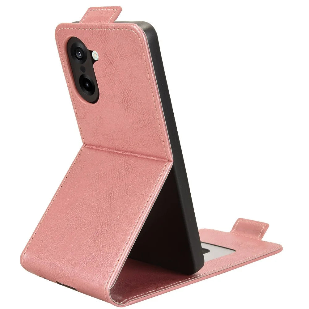 For OnePlus Nord CE5 5G / Ace 5 Racing 5G Stand Case Magnetic Clasp Vertical Flip Leather Phone Cover with Card Holder - Rose Gold - 2