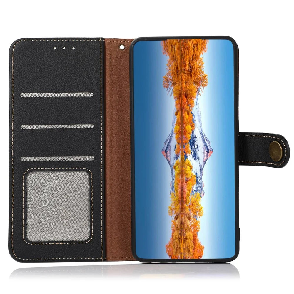 KHAZNEH For Samsung Galaxy S23 RFID Blocking Genuine Leather Phone Wallet Cover Foldable Stand Drop-proof Case - Black - 4