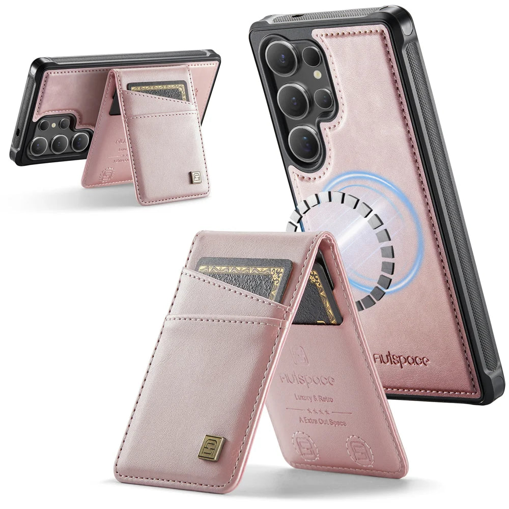 AUTSPACE For Samsung Galaxy S25 Ultra Case  A12 Leather Back Cover with Magnetic Detachable Card Bag Kickstand - Rose Gold - 1