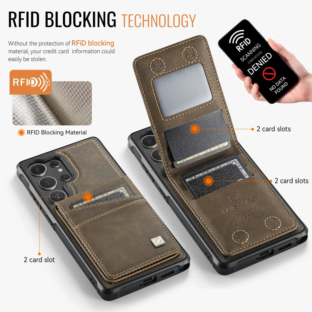 AUTSPACE For Samsung Galaxy S24 Ultra Case  A12 Leather Back Cover with Magnetic Detachable Card Bag Kickstand - Coffee - 3