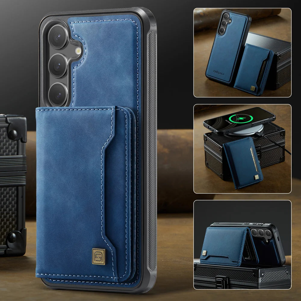 AUTSPACE For Samsung Galaxy S24 / Galaxy S25 Case  A13 Vintage Leather Back Cover with Magnetic Detachable Card Bag - Blue - 4