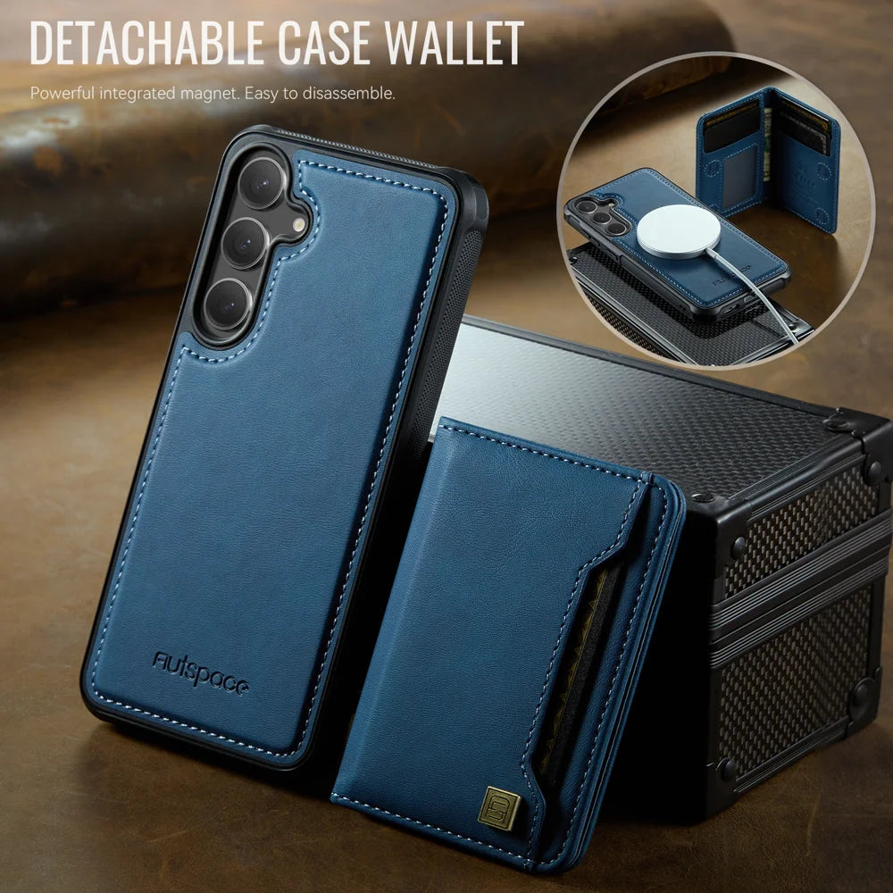 AUTSPACE For Samsung Galaxy S24 / Galaxy S25 Case  A13 Vintage Leather Back Cover with Magnetic Detachable Card Bag - Blue - 7