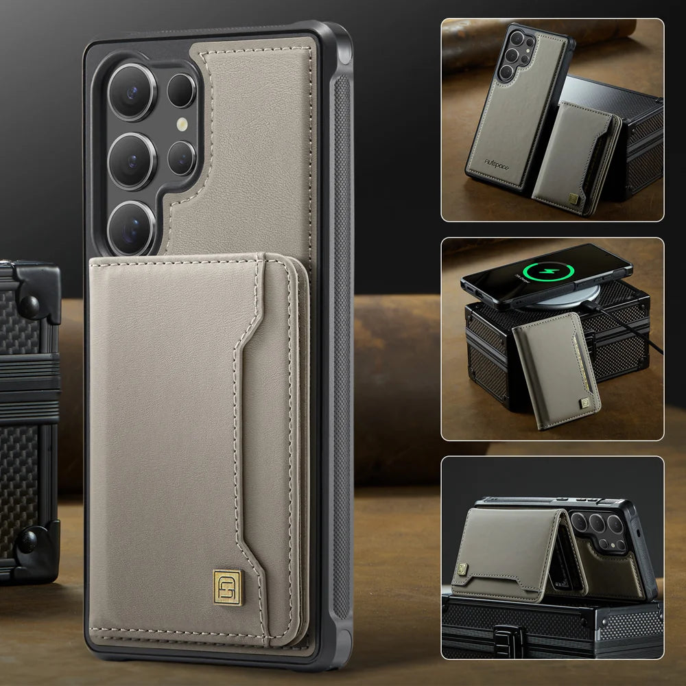 AUTSPACE For Samsung Galaxy S25 Ultra Case  A13 Vintage Leather Back Cover with Magnetic Detachable Card Bag - Grey - 4