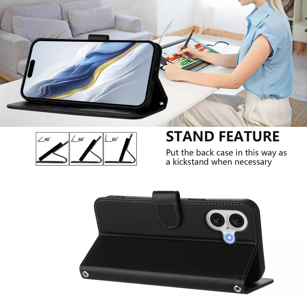 For iPhone 17 Leather Case Wallet Stand Phone Cover with Wrist Strap - Black - 4
