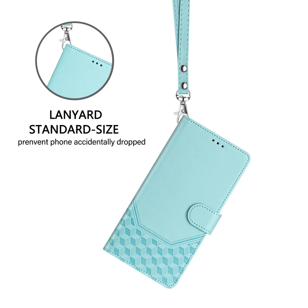 For iPhone 18 Pro / 17 Pro Case Imprinted Honeycomb RFID Blocking Leather Phone Cover with Strap - Mint Green - 2