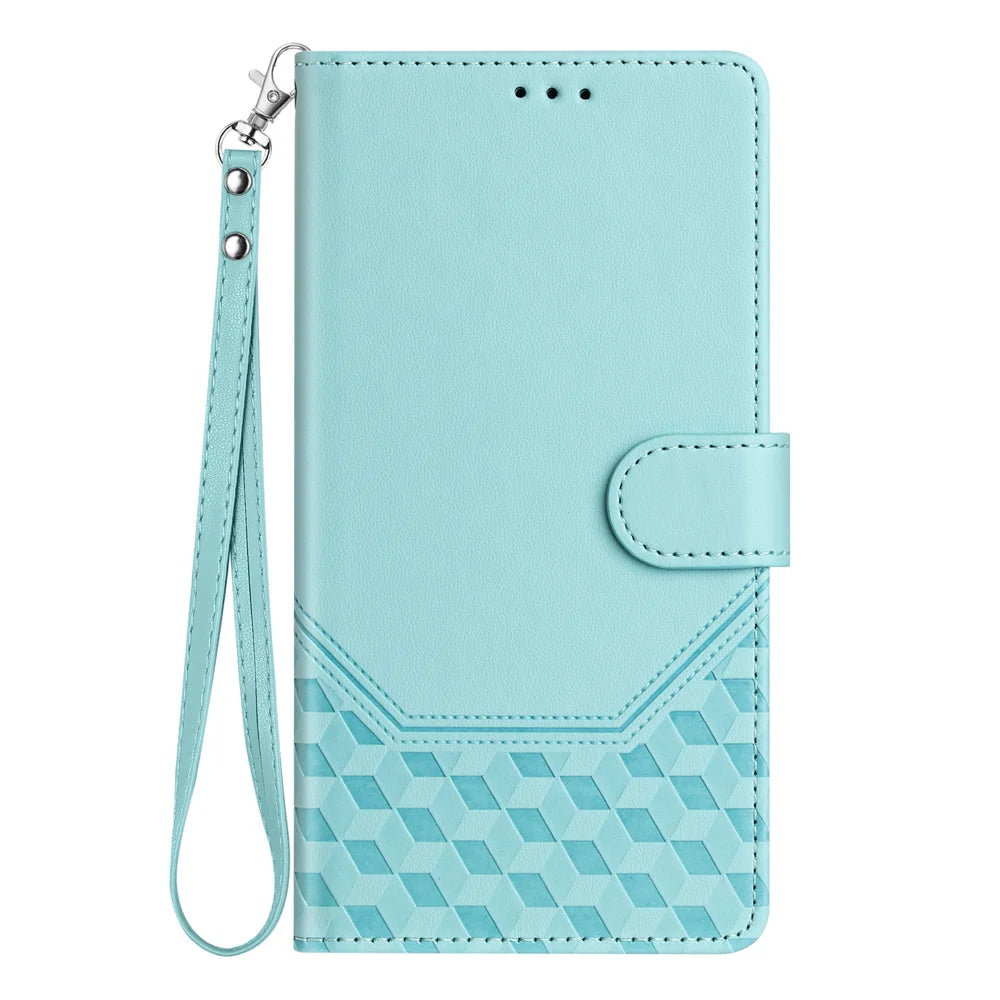 For iPhone 18 Pro / 17 Pro Case Imprinted Honeycomb RFID Blocking Leather Phone Cover with Strap - Mint Green - 3