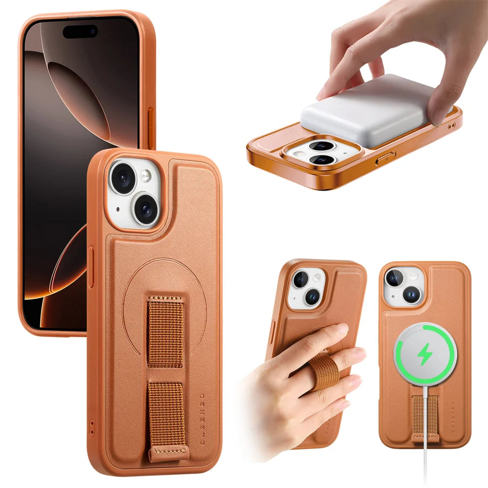 CASENEO For iPhone 14 / iPhone 13 6.1 inch Magnetic Case  Wristband PU Leather + PC Shockproof Phone Cover - Brown - 1