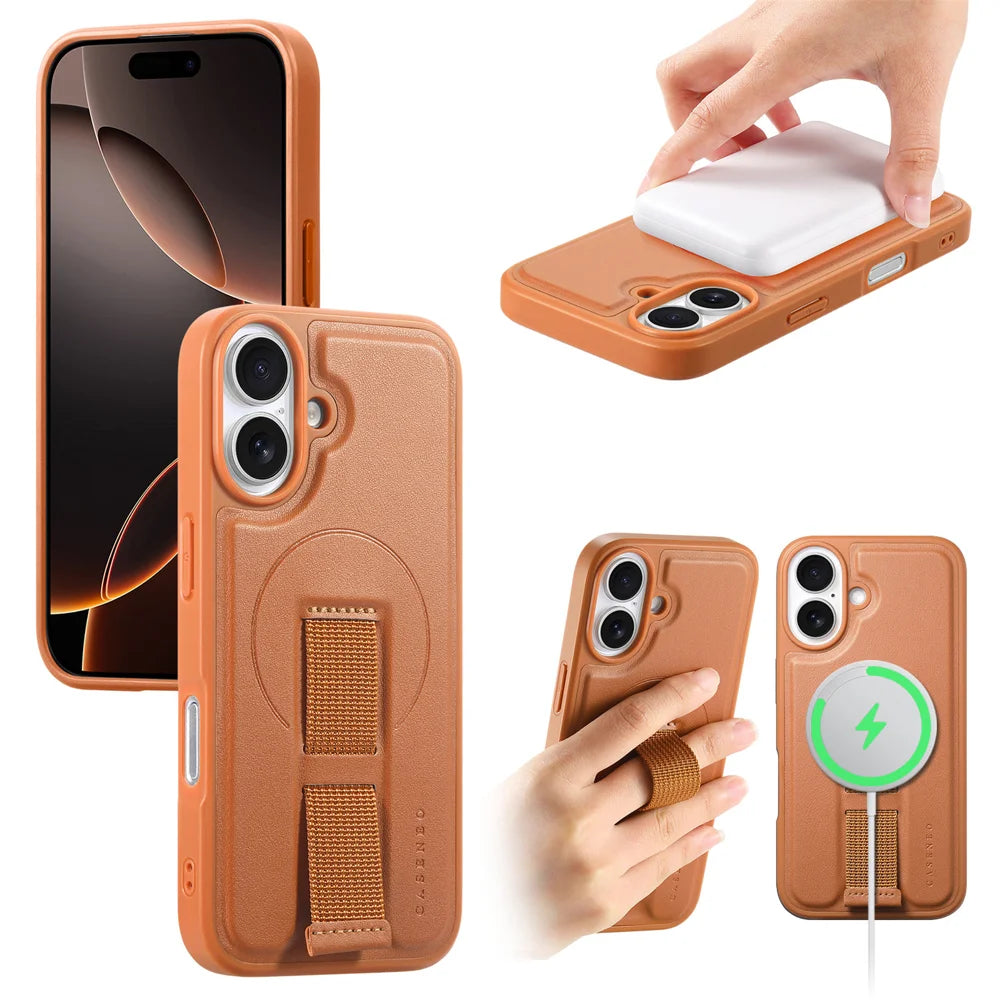 CASENEO For iPhone 16 Plus Magnetic Case  Wristband PU Leather + PC Shockproof Phone Cover - Brown - 1