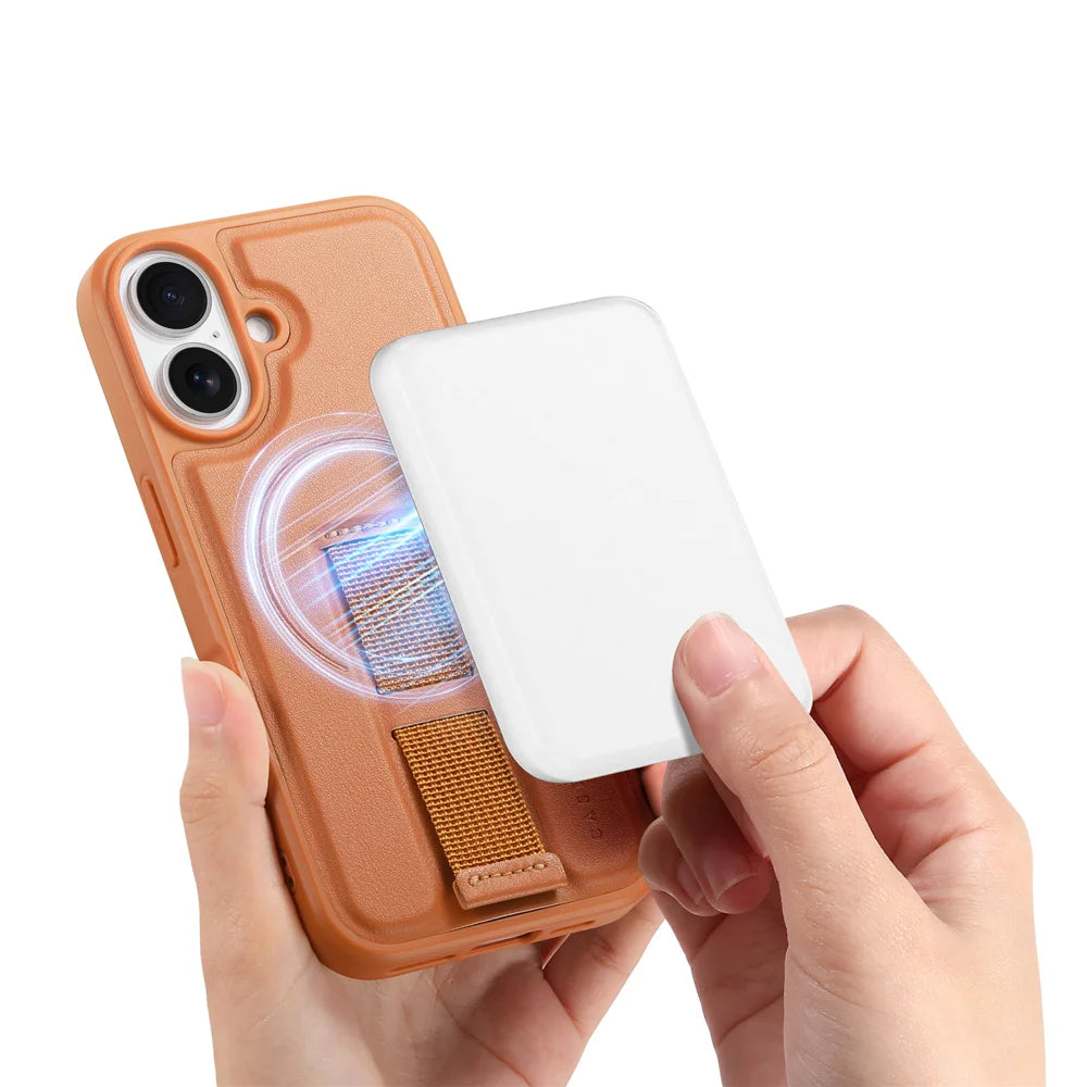 CASENEO For iPhone 16 Magnetic Case  Wristband PU Leather + PC Shockproof Phone Cover - Brown - 3