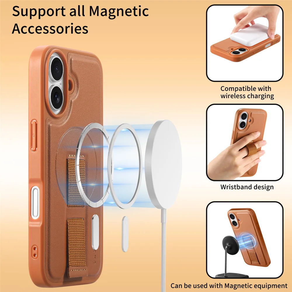 CASENEO For iPhone 16 Magnetic Case  Wristband PU Leather + PC Shockproof Phone Cover - Brown - 6