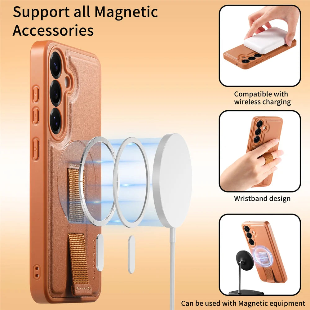 CASENEO For Samsung Galaxy S24+ / Galaxy S25+ Magnetic Case  Wristband PU Leather + PC Shockproof Phone Cover - Brown - 6