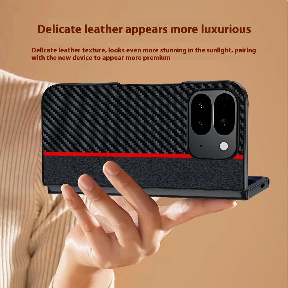 For Google Pixel 10 Pro Fold Case Carbon Fiber Texture Leather + PC Anti-Drop Folding Phone Cover - Black / Red - 2