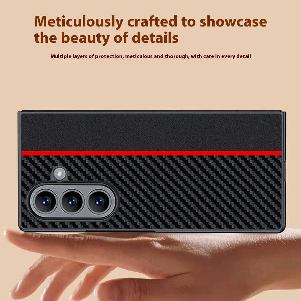 For Samsung Galaxy Z Fold7 5G Case Carbon Fiber Texture Leather + PC Anti-Drop Folding Phone Cover - Black / Red - 3