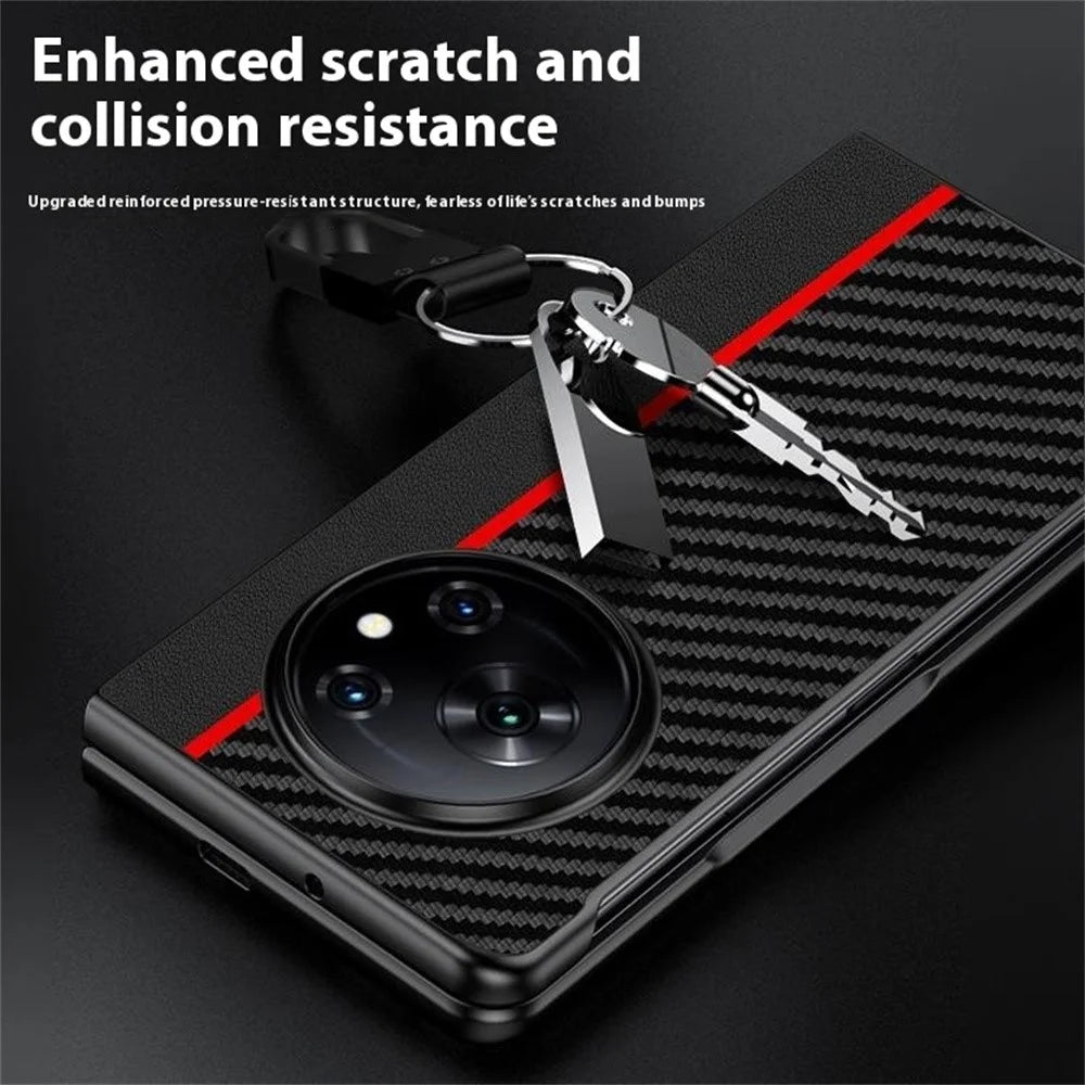 For TECNO Phantom V Fold Case Carbon Fiber Texture Leather + PC Anti-Drop Folding Phone Cover - Black / Red - 3