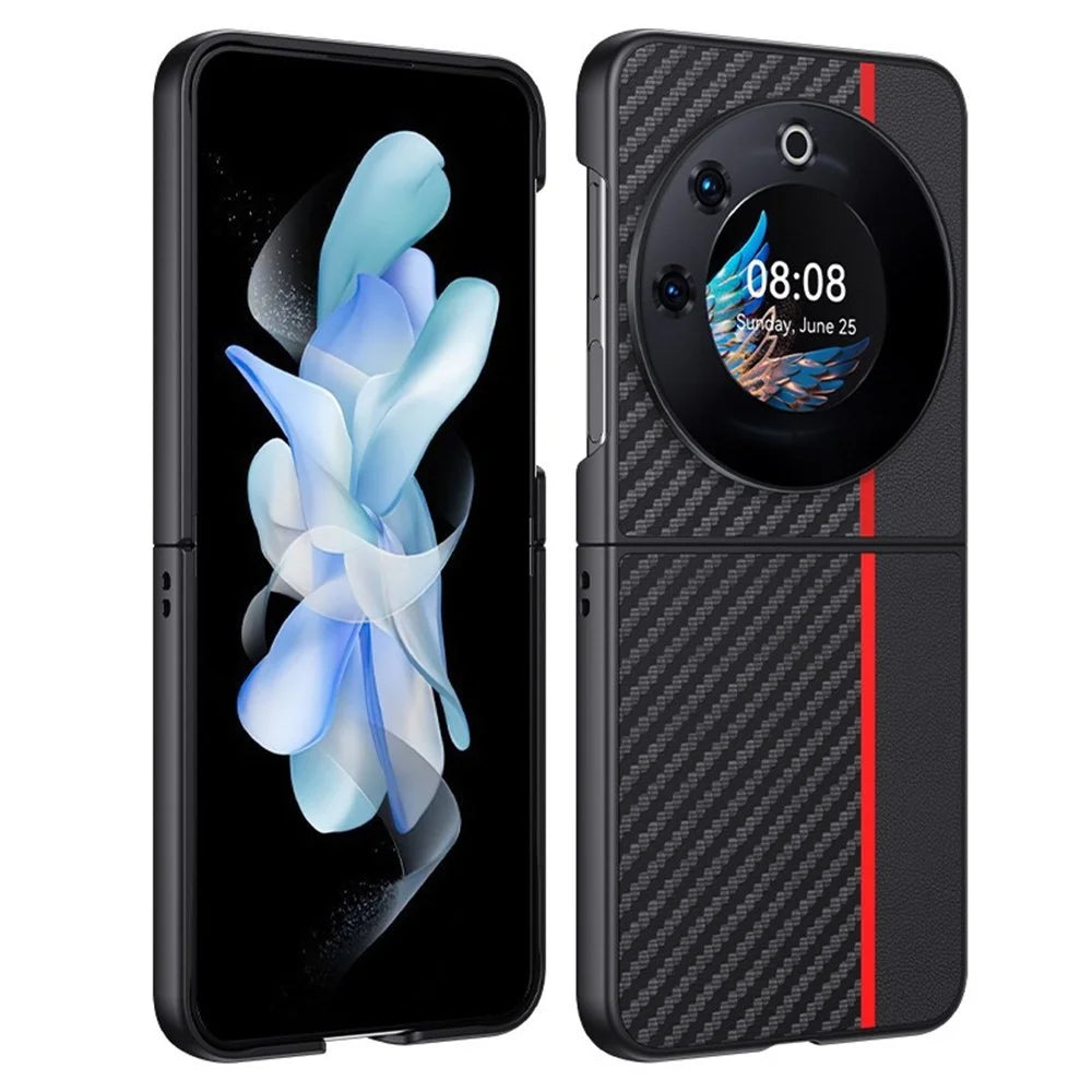 For TECNO Phantom V Flip Case Carbon Fiber Texture Leather + PC Anti-Drop Folding Phone Cover - Black  /  Red - 1