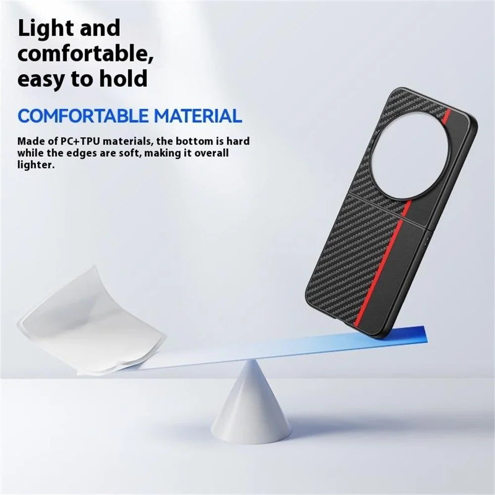 For TECNO Phantom V Flip Case Carbon Fiber Texture Leather + PC Anti-Drop Folding Phone Cover - Black  /  Red - 3
