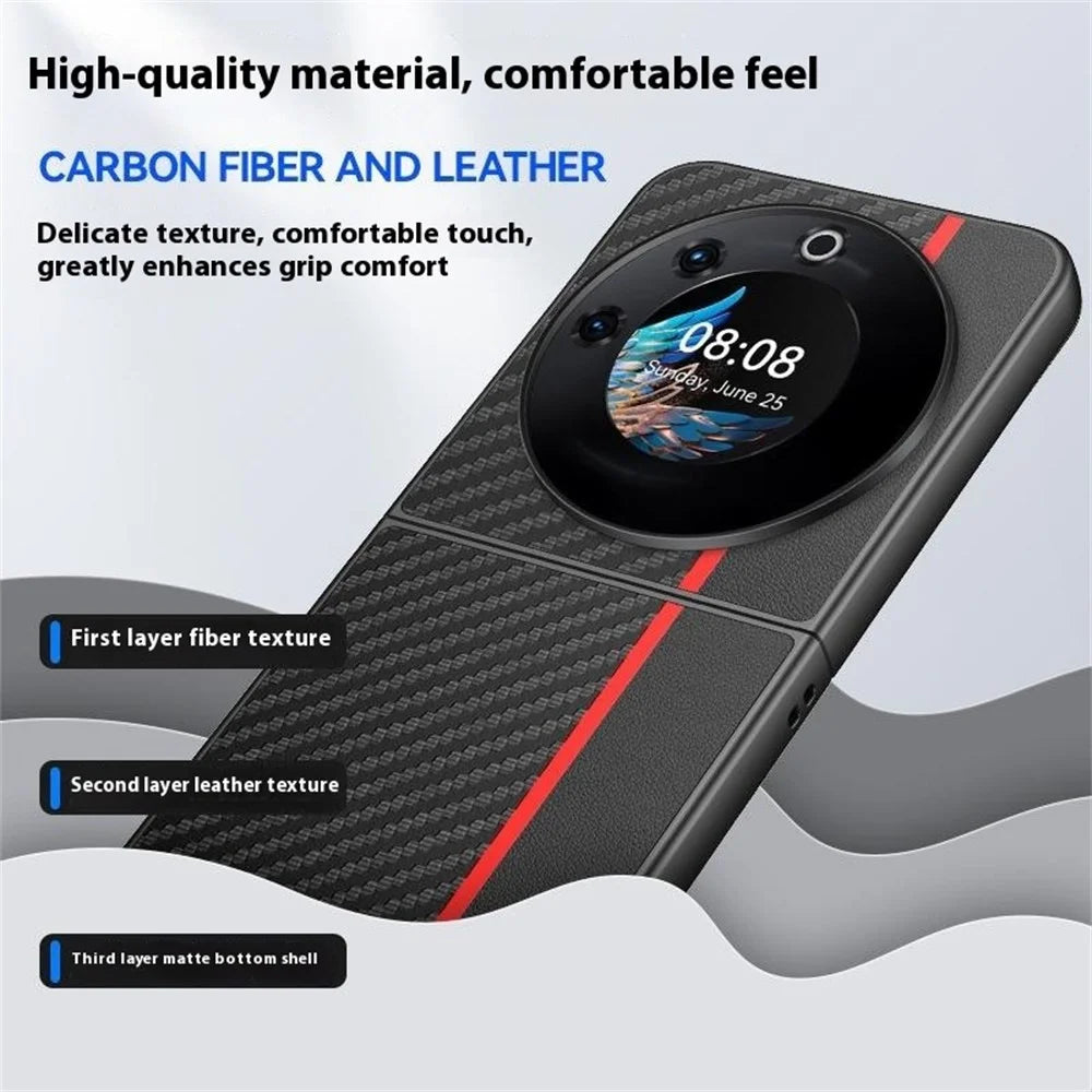 For TECNO Phantom V Flip Case Carbon Fiber Texture Leather + PC Anti-Drop Folding Phone Cover - Black  /  Red - 4
