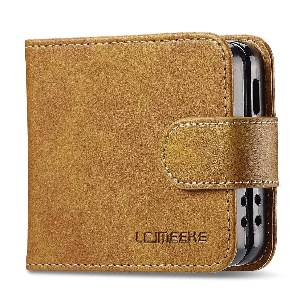 LC.IMEEKE For Samsung Galaxy Z Flip7 5G Case Card Holder Calf Texture PU Leather Folding Phone Cover - Yellow - 5
